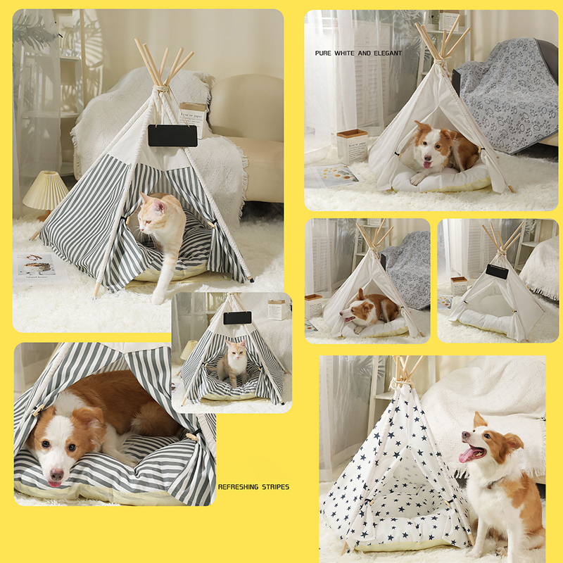 Pet Teepee Dog &amp; Puppy Cat Tents Tipi Bed Portable Houses With Thick Cushion For Pets Cat Tent House