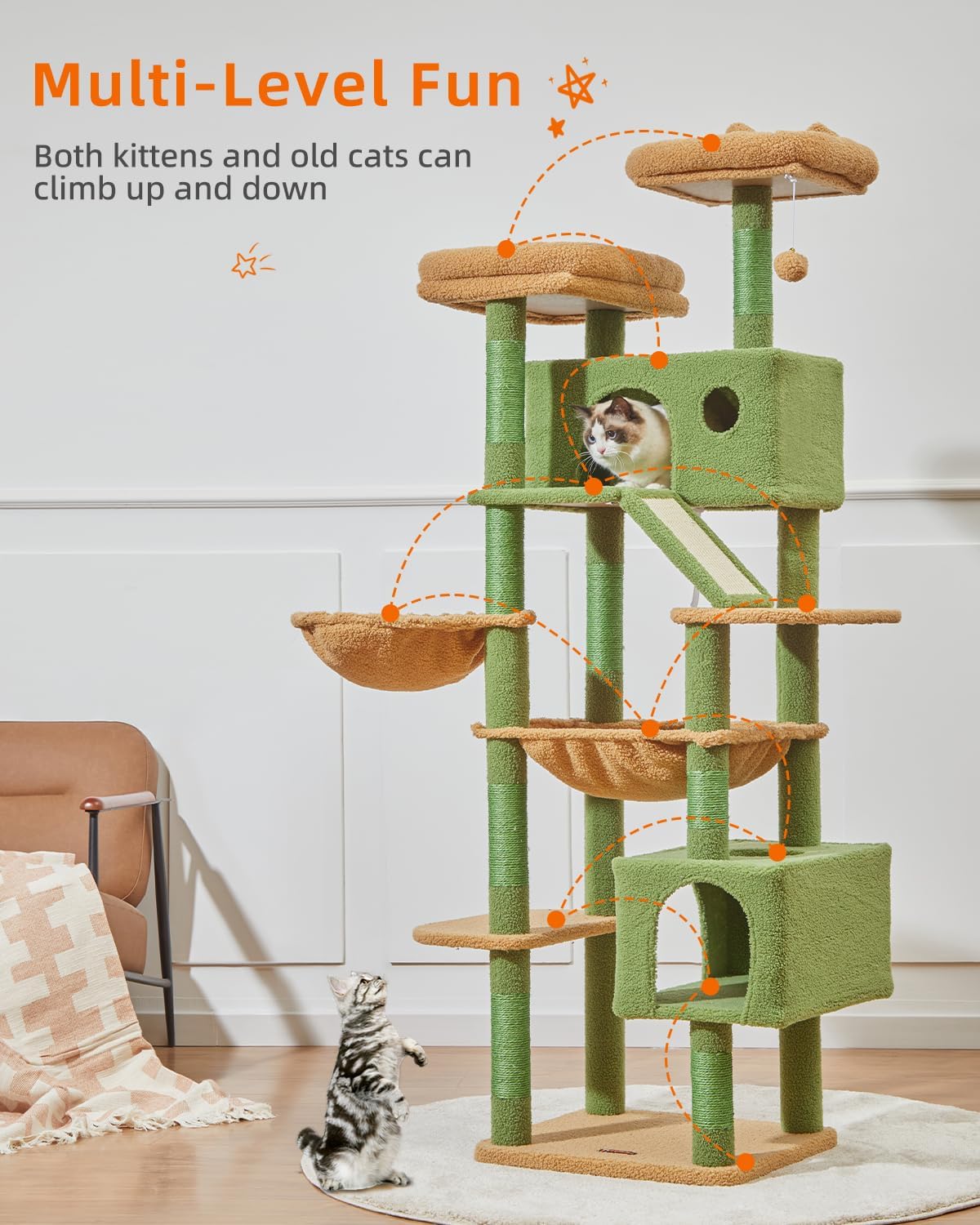 Big Discount Sale 71Inch Modern Wood Cat Tower Large Adult Indoor Multi-Level Cat Condo Sisal Scratching Posts Cat Trees