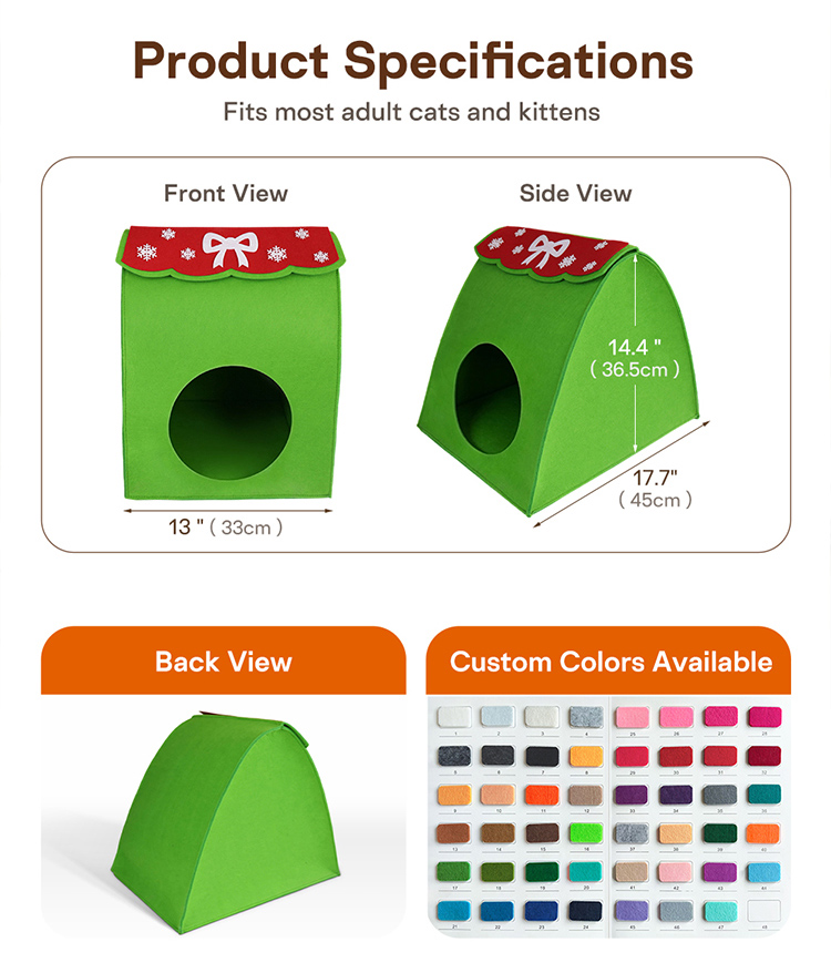 Foldable Collapsible Felt Cat Cave Bed Triangle Green Pet House Semi Enclosed Warm Cozy Indoor Kitten Shelter