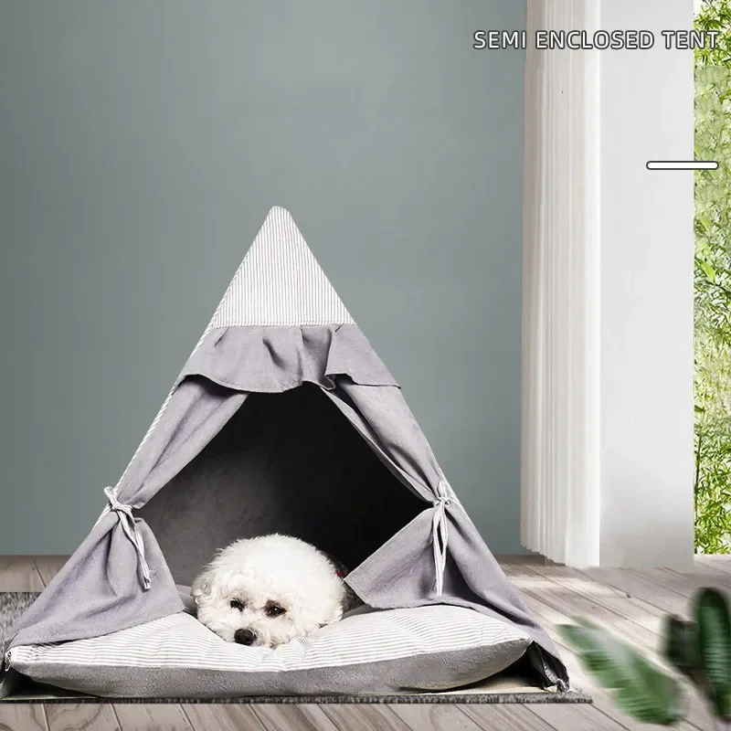 Luxury Foldable Pet Teepee Tent Cotton Canvas Cave Bed with Cushion Portable Dog Cat House Multi-Style Indoor Outdoor Bed
