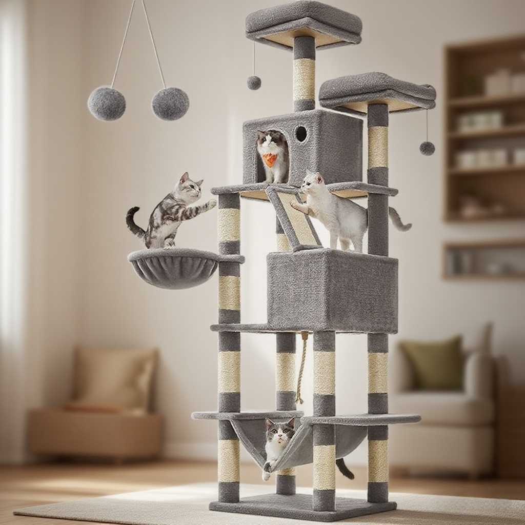 Multi Functional Cat Tree Tower With Hammock Scratching Posts, Perches For Cats To Climb Rest Enjoy Playtime