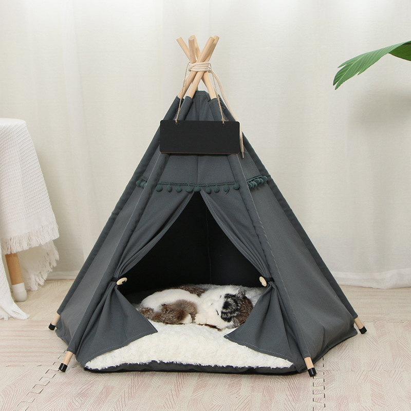 Wholesale Luxury Travel Cat Tent Foldable Linen Cotton Pet Teepee Striped Pattern Removable Washable Small Animals Factory Price