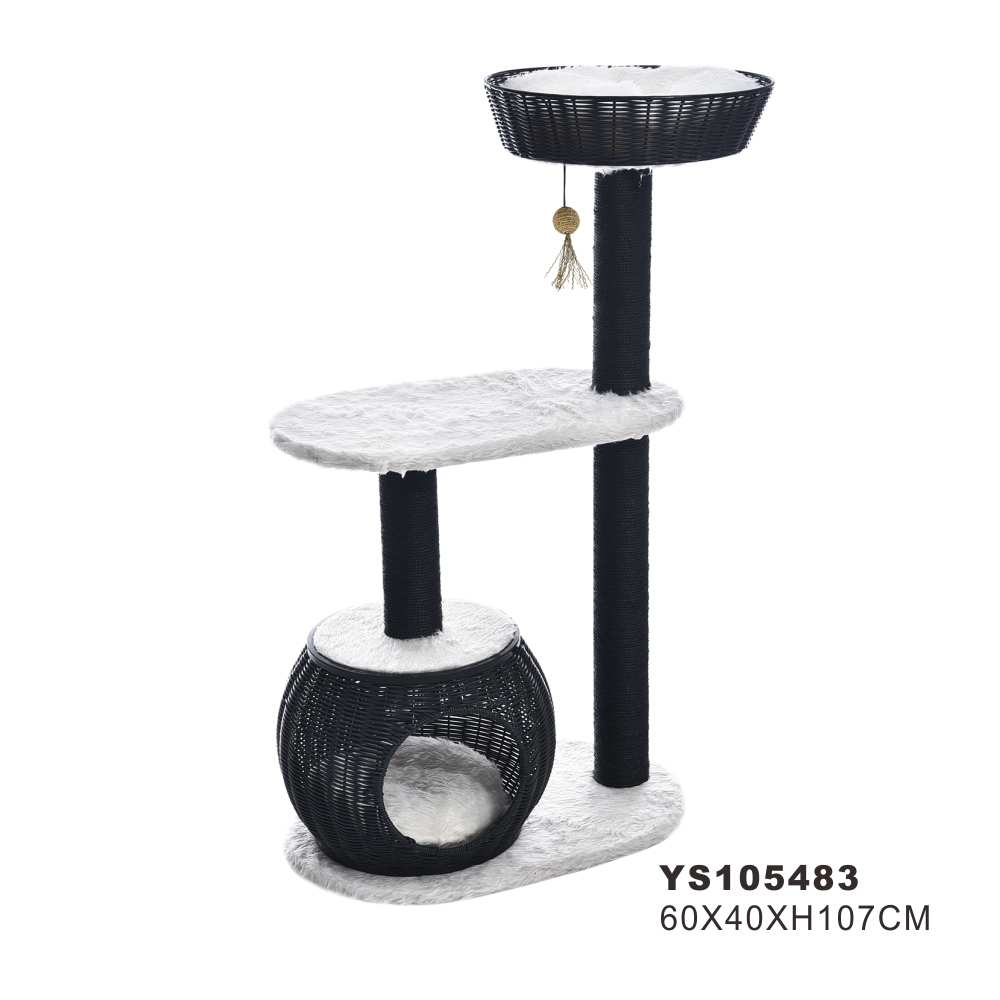 Cat Tree Rattan Modern Tall Cat Tower Scratching Posts Condos Top Perch Rattan Wooden Cat Tree