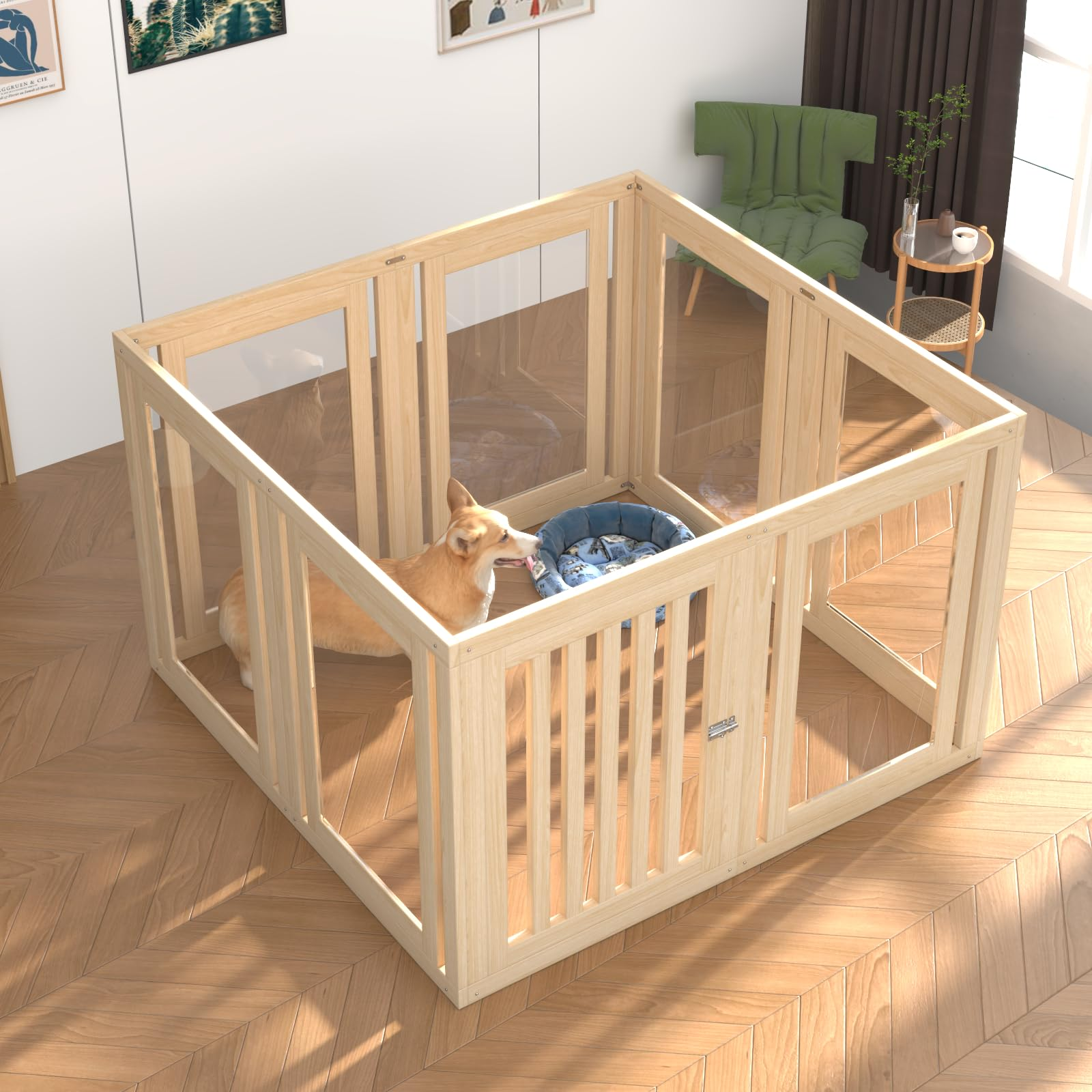 8 Panel Pet Playpen with Door 23.6" High Transparent Acrylic &amp; Wood Puppy Pen for Dogs Cats Rabbits Indoor