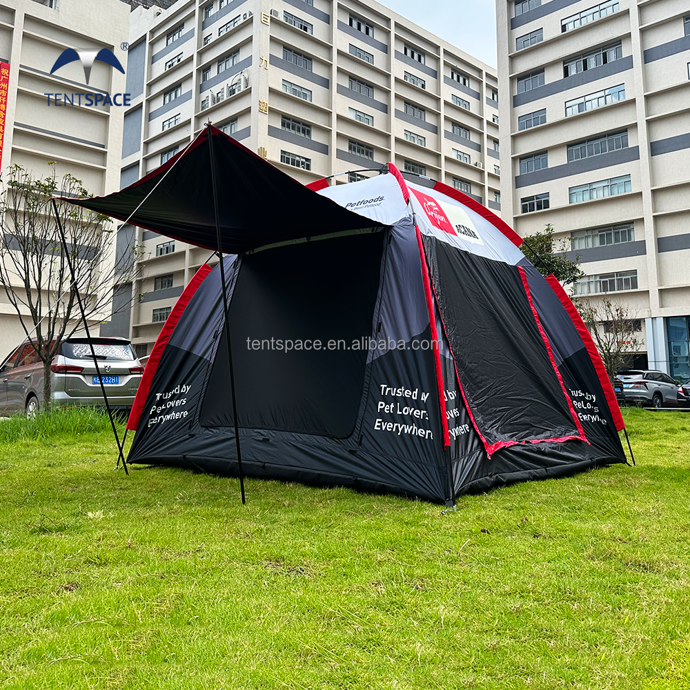 4 Doors Pole Support Open Foldable Tent Black Dog Fiberglass and Aluminum Breathable Shaded Dog Tent for Dog with Zipper Door