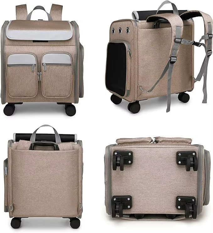 Airline Approved Telescopic Zipper Mesh Breathable Walking Handle Cat Dog Pet Carrier With Wheels