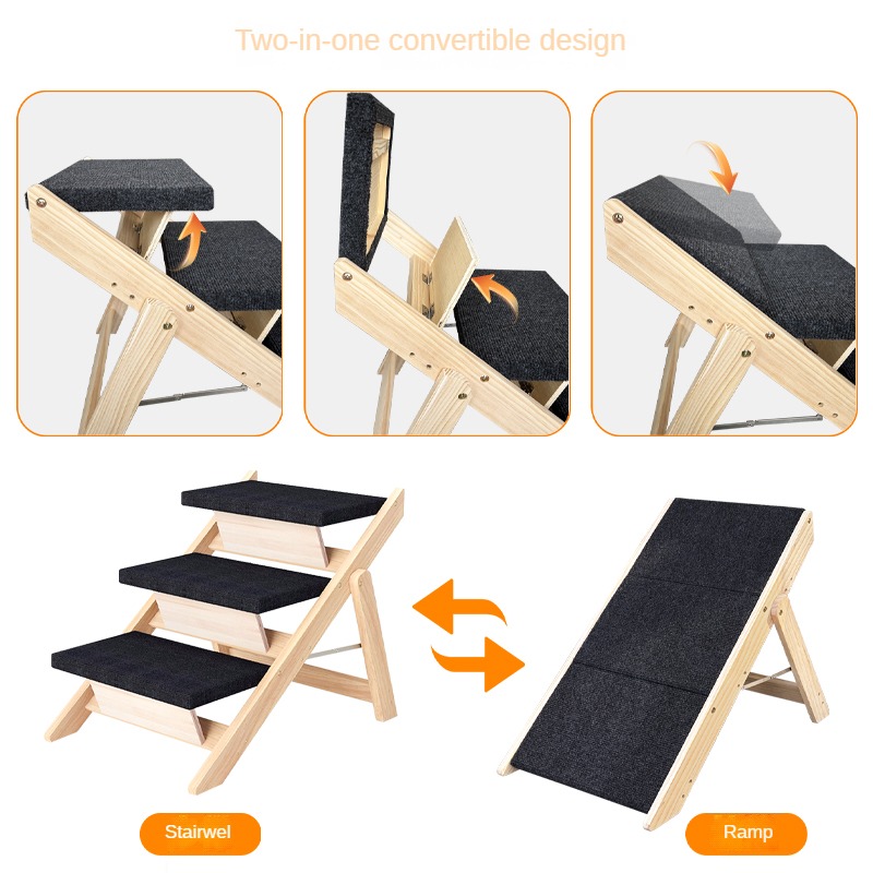 Hot Sell Dog Climbing Ramp Pet Bed Steps Ladder 2-in-1 Wood Collapsible For Dogs Cats Outdoor Adjustable Durable Simple Style