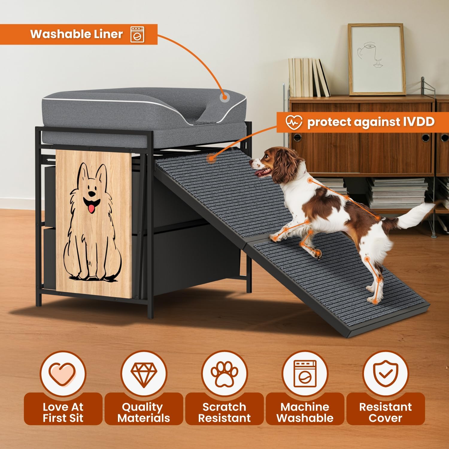 Pet Sofa for Dogs and Cats to Stay Close While You Work or Game with Ramp and Storage Drawers