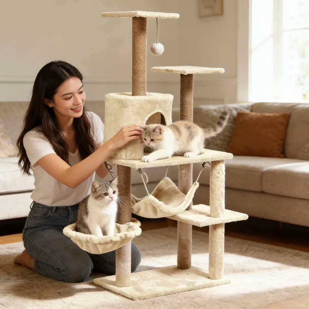 OEM ODM 4-level Luxury Wood Cat Tree Climbing Frame Hammock Condo Kittens Interactive Scratching Post Plush 125cm Carton