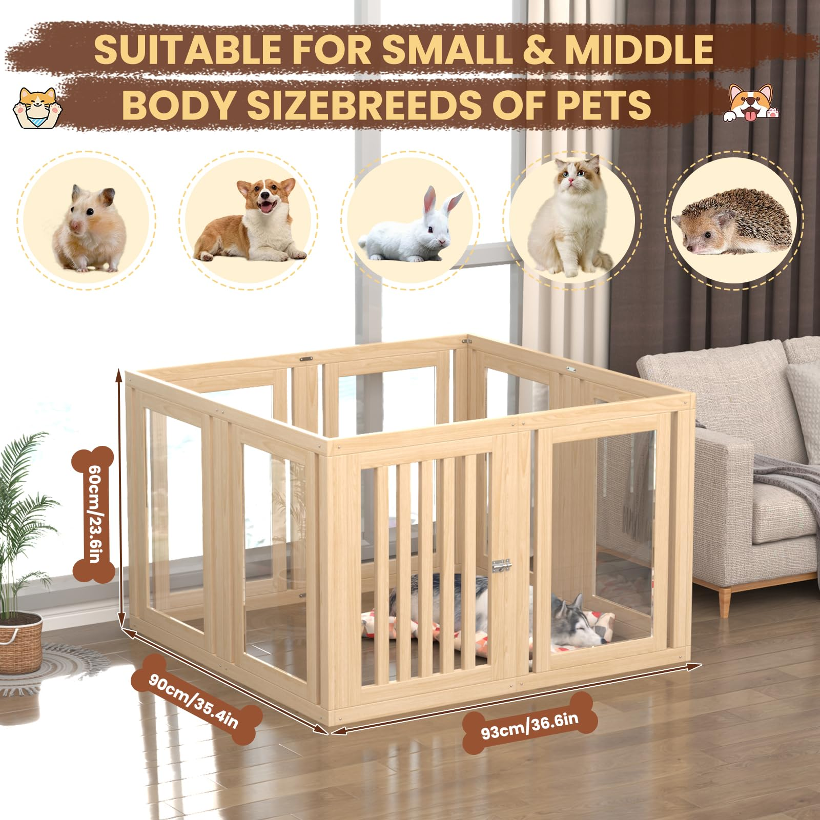 8 Panel Pet Playpen with Door 23.6" High Transparent Acrylic &amp; Wood Puppy Pen for Dogs Cats Rabbits Indoor