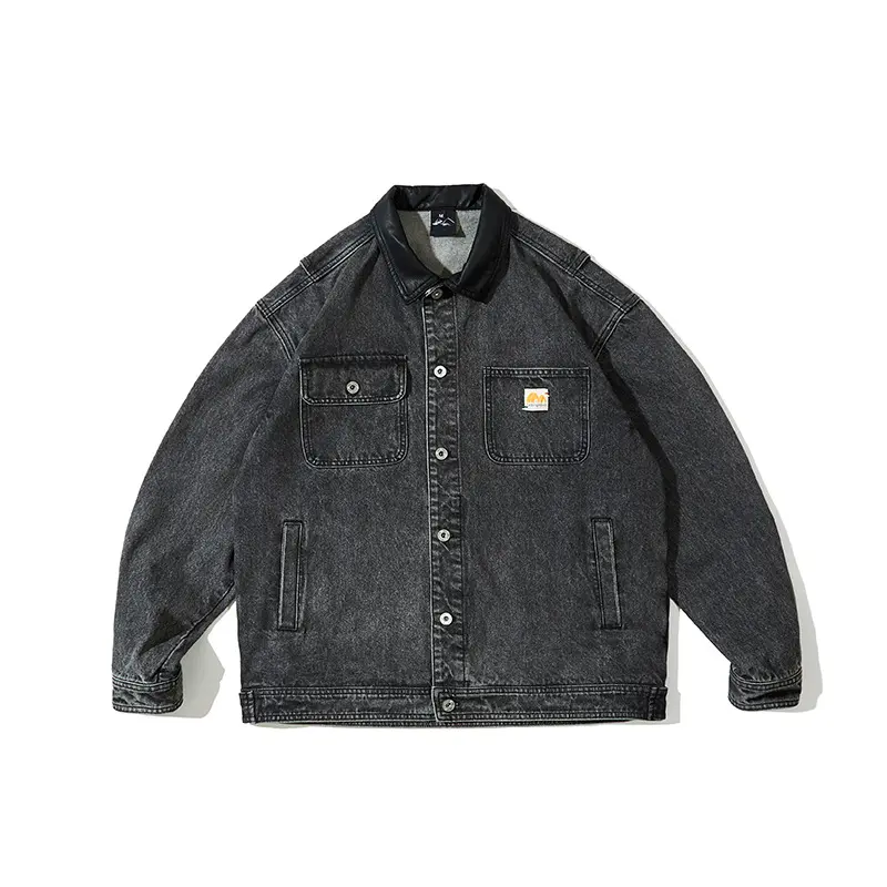 ODM ZD contrast PU leather collar black jean jacket Manufacturers, Companies