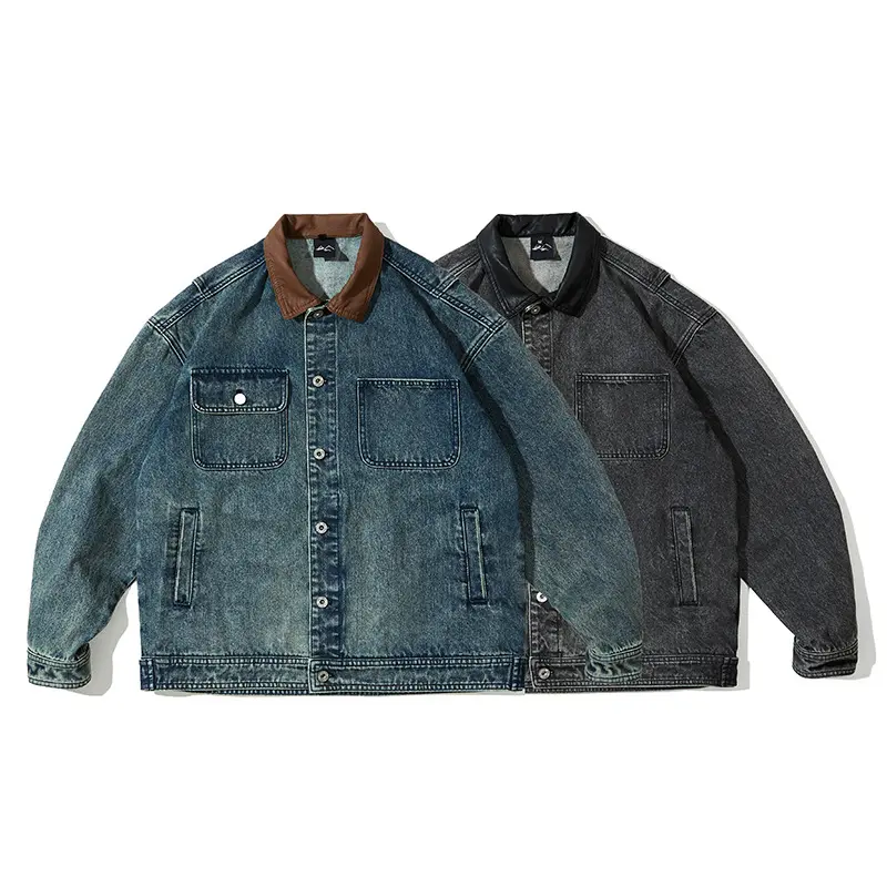 ODM ZD contrast PU leather collar black jean jacket Manufacturers, Companies