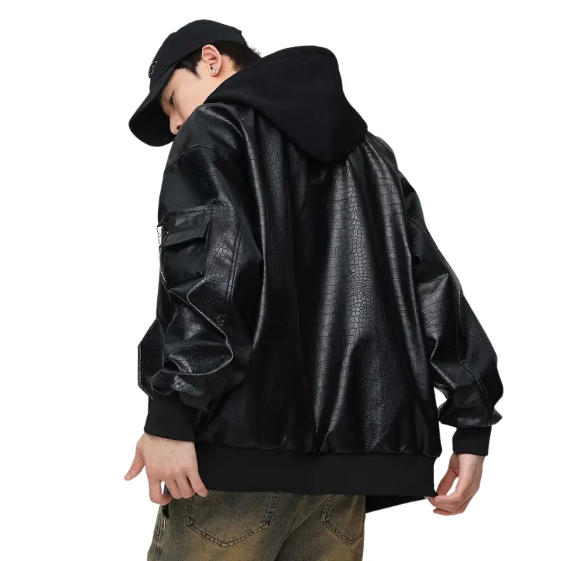 Wholesale ZD Casual two-piece splicing black leather bomber jacket Supplier, Products