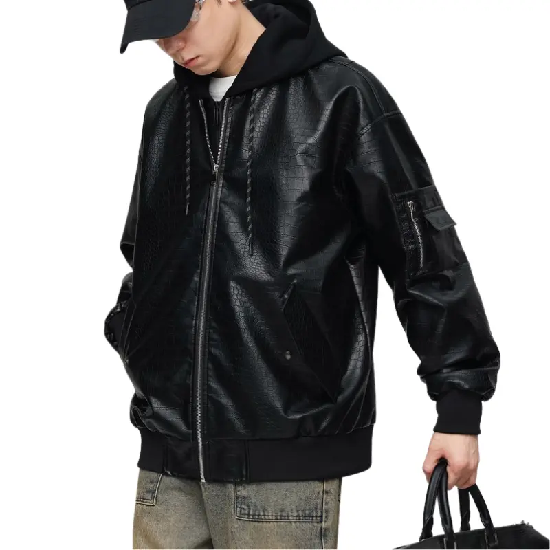 Wholesale ZD Casual two-piece splicing black leather bomber jacket Supplier, Products
