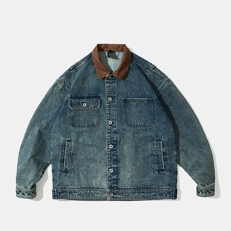 ODM ZD contrast PU leather collar black jean jacket Manufacturers, Companies