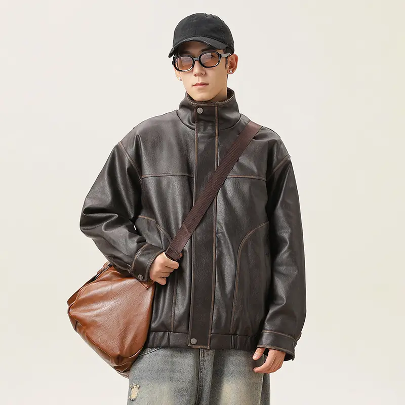 China ZD winter polyester padding brown leather bomber jacket Factory, Product