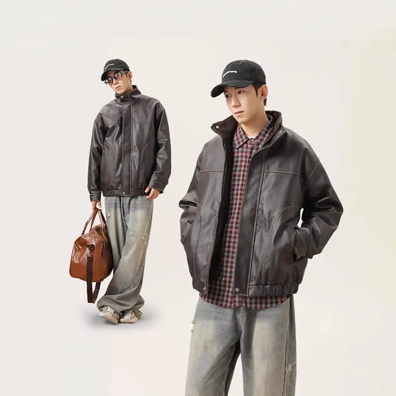 China ZD winter polyester padding brown leather bomber jacket Factory, Product