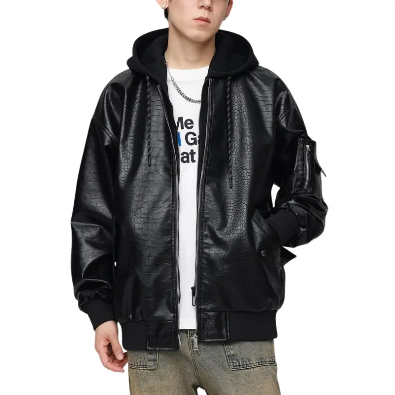Wholesale ZD Casual two-piece splicing black leather bomber jacket Supplier, Products