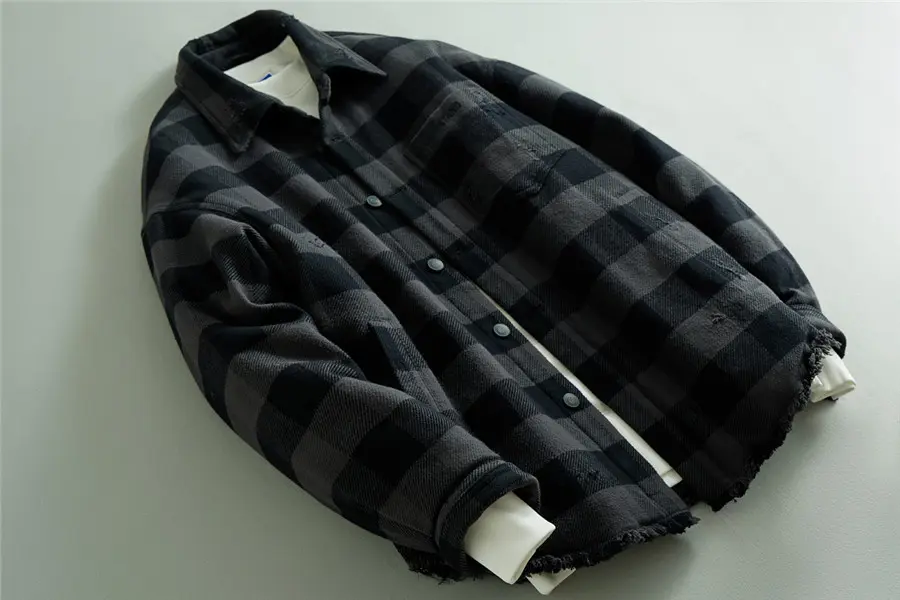 Men's flannel plaid down jacket detail 1