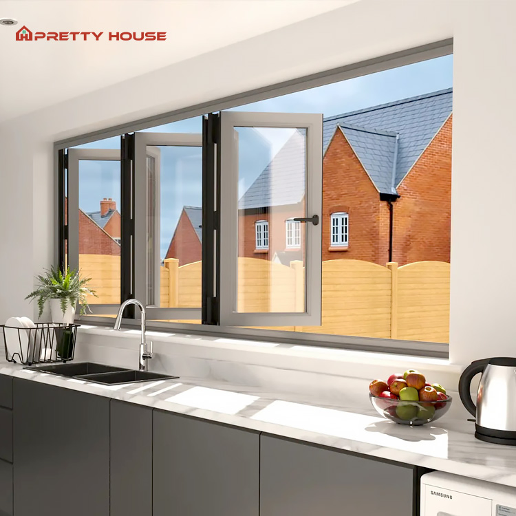 Aluminum Energy Efficient Sliding Bi-Fold Window Triple Tempered Glass for Home