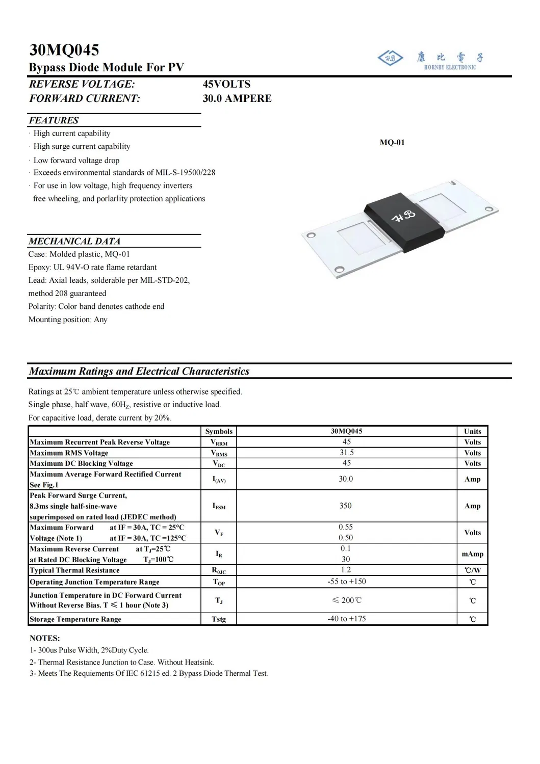 30mq045 PV Photovoltaic Schottky Bypass Solar Diode