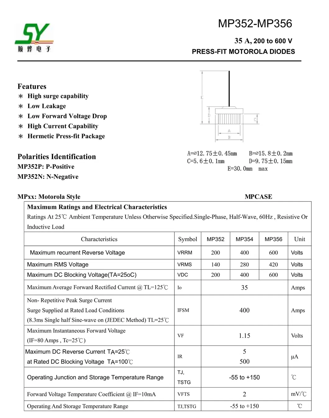 35A, 400V Motor Pressfit Diode MP354 Datasheet 1