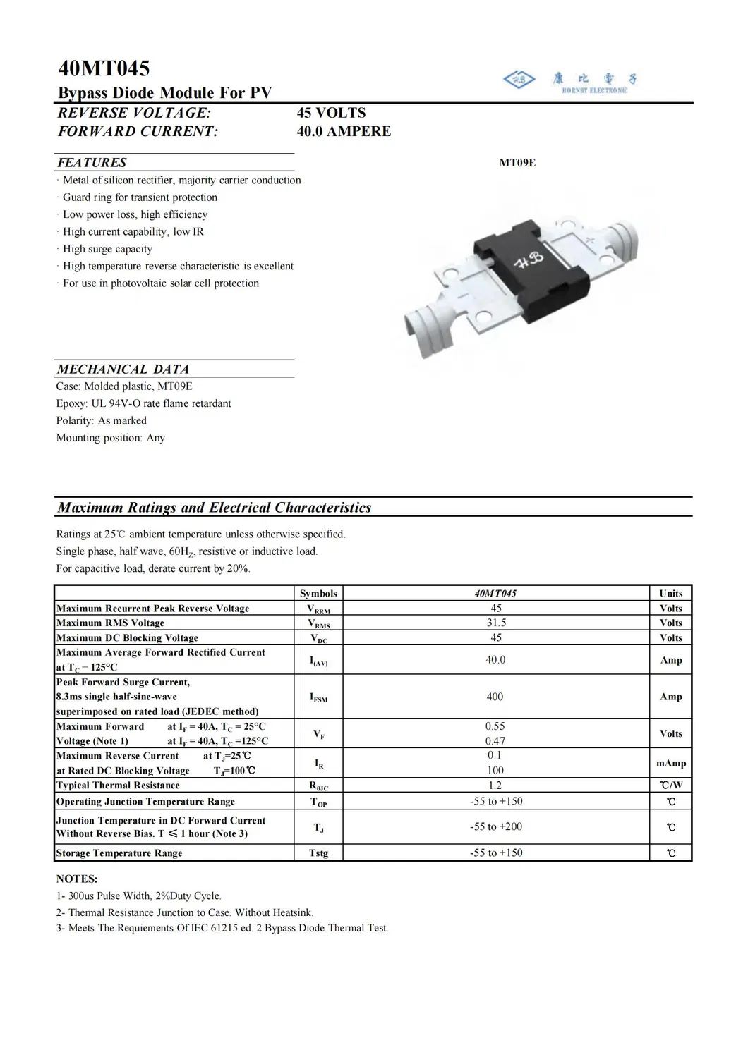 40MT045 PV Photovoltaic Schottky Bypass Solar Diode
