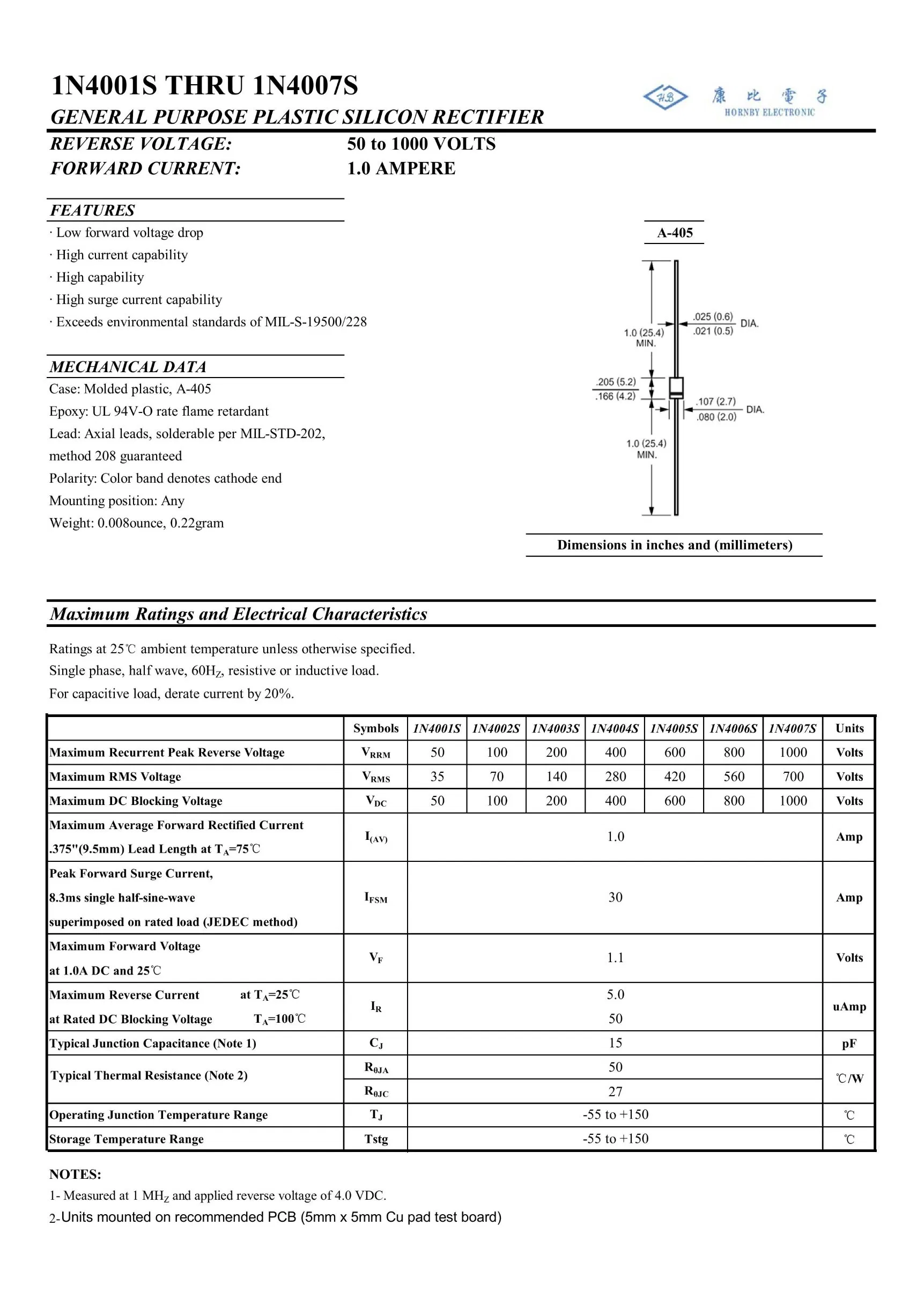 1n4007s General Purpose Rectifier Diode A405 Package