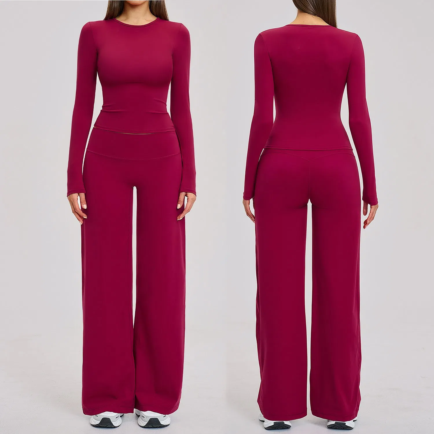 Classic Y2K Yoga Apparel for Women Gym Fitness Outfits Long Sleeve T Shirts Basic Compression Going out Crop Tops Athletic Workout Wide Leg Pants