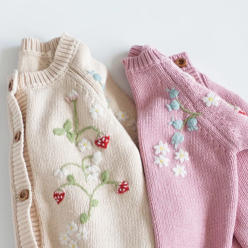 Fashion for Children's Kids Gril Cotton Knitted Coat Flower Print Long Sweater