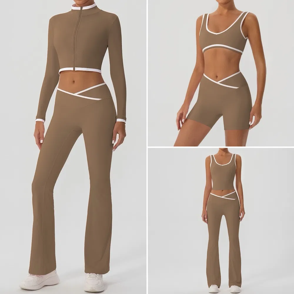 5 PCS Latest Color-Blocked Workout Clothes for Women, Matching Yoga Pilates Tops + Running Shorts and Flare Pants with Cropped Exercise Jacket Activewear Set