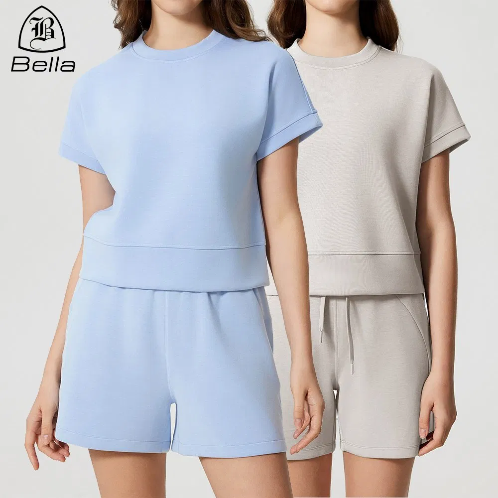 OEM/ODM Custom Activewear Breathable Air-Layer Solid Color Short Sleeve T-Shirts Women Workout Gym Casual Shorts 2 Peice Sets