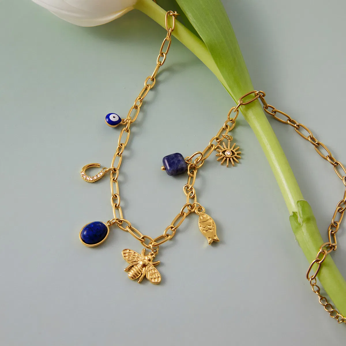 Lapis Lazuli Devil's Eye Bee Fish Small Charm Pendant Necklace European Vintage Waterproof Fashion Jewelry