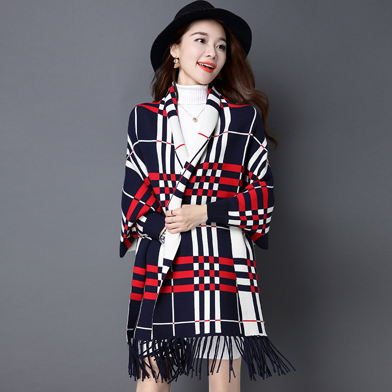 Wholesale Custom Embroidered Scarves Fringe Tassel Bat Sleeves Plaid Sweater Shawls Capes for Women
