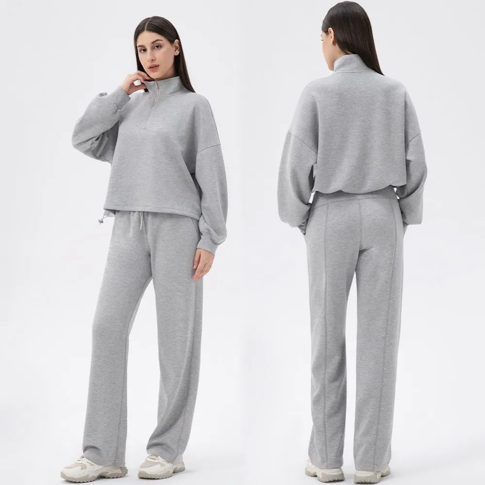 Factory New Design Luxury Soft Modal and Zipup Sweatsuits for Women, Private Label Half Zipper Pullover with Wide Leg Sweatpants Matching Casual Athletic Wear