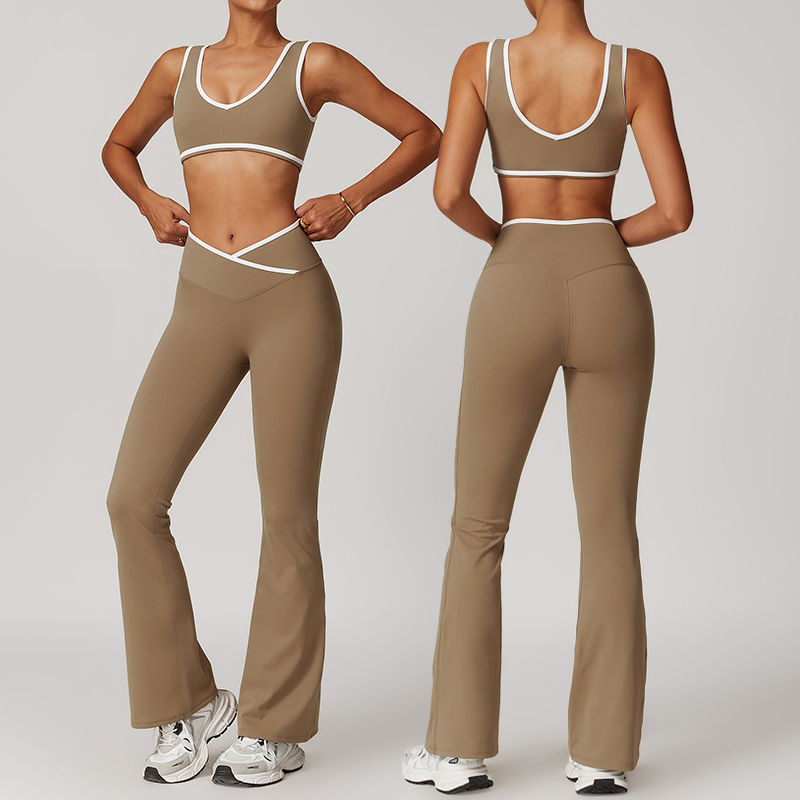 Custom Logo 2PCS Patchwork Sport Yoga Wear Butt Lift High Waist Flare Leggings Fitness Bra Gym Women Workout Set Activewear