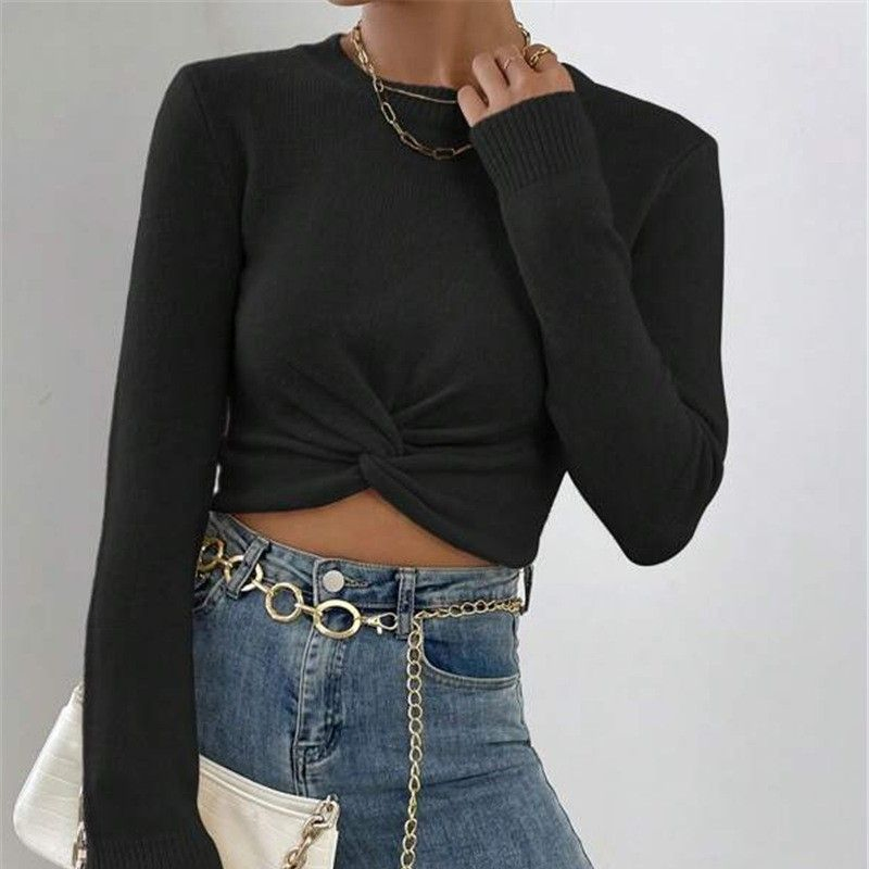 Fashion Round Neck Knit Top Women Slim Sweater Trendy Twist Design Basic Layering Piece