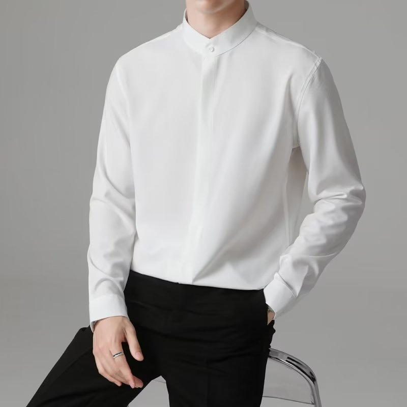 Men's High-End Stand up Collar Black and White Basic Color Shirt