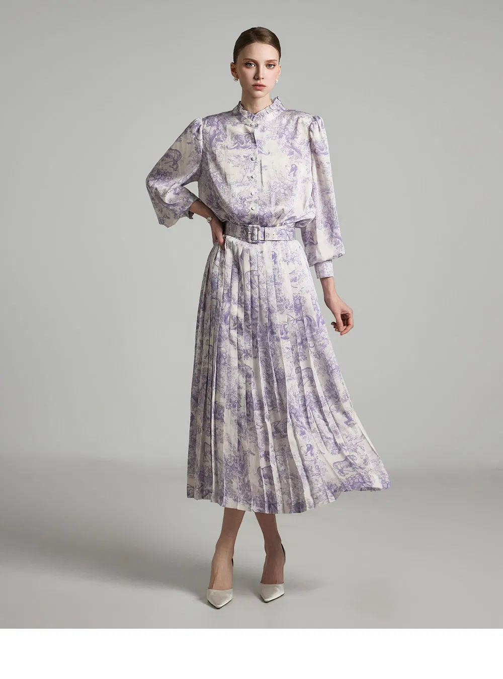 Customized Wholesale Stand Collar Floral Print Waist Belt Design Long Fit Pleat Skirt Shirt Dress for Woman Summer Wear