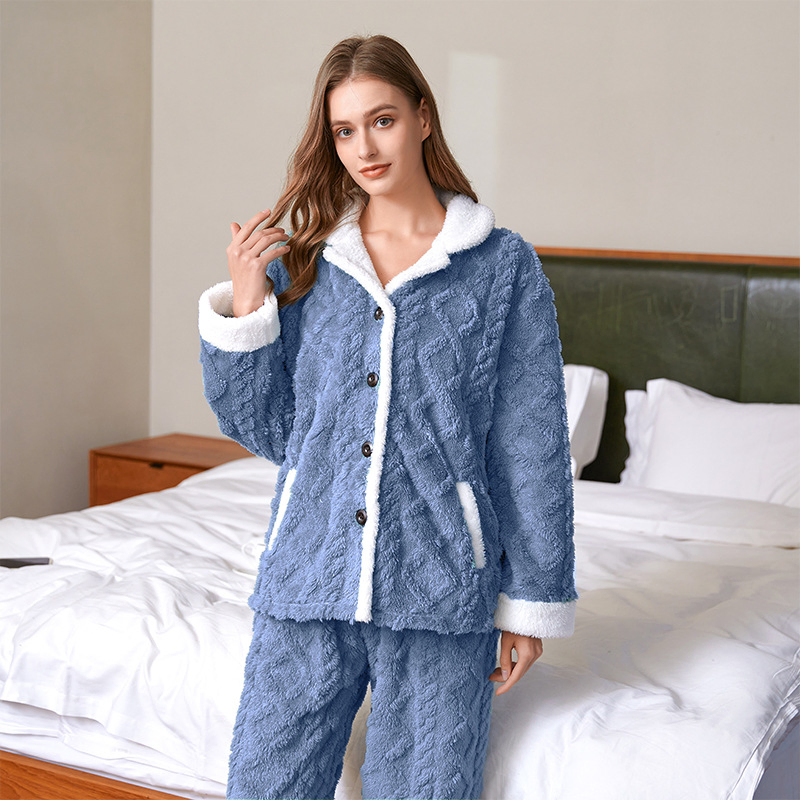 New Pajamas Sleepwear Long Sleeve Two-Piece Set Winter Warm Women Flannel Thickened Jacquard Loungewear