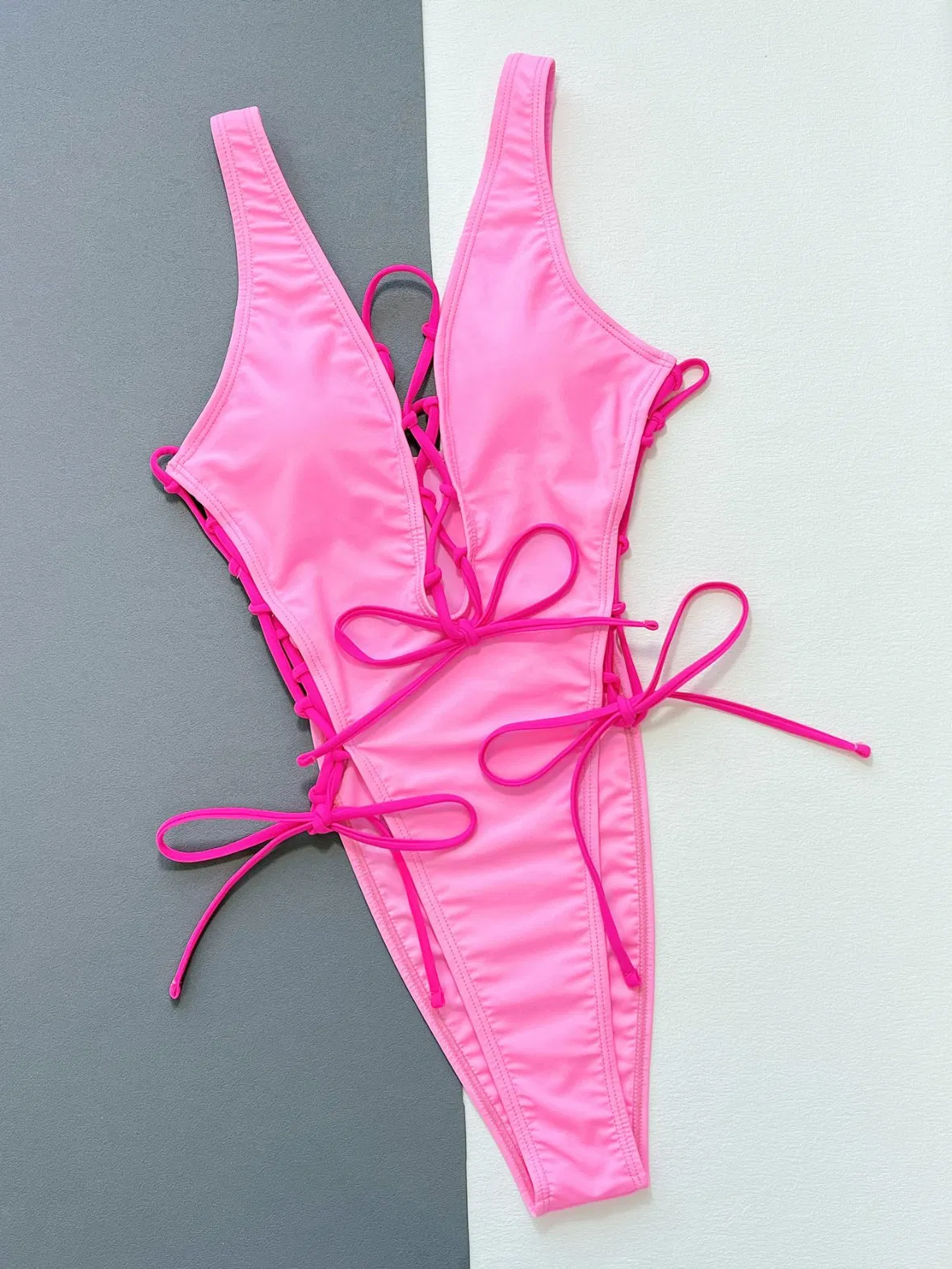 One Piece Swimsuit Women Swimwear Solid Hot Pink Hollow out Lace up Tie Side Monokini Sext Bathing Suit Brazilian Beachwear