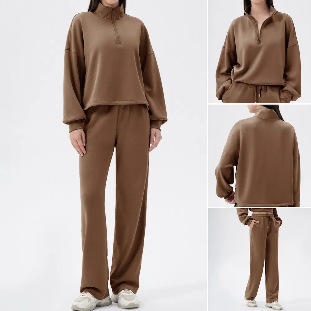 Factory New Design Luxury Soft Modal and Zipup Sweatsuits for Women, Private Label Half Zipper Pullover with Wide Leg Sweatpants Matching Casual Athletic Wear