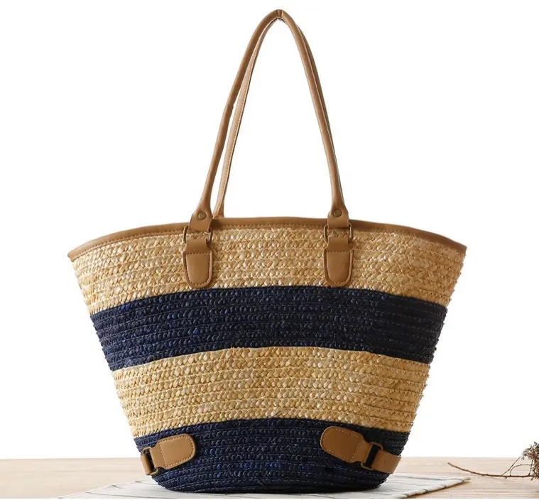 Summer Beach Rattan Woven Braid PU Leather Deco Tote Women Shoulder Woven Handbag Straw Tote Ba