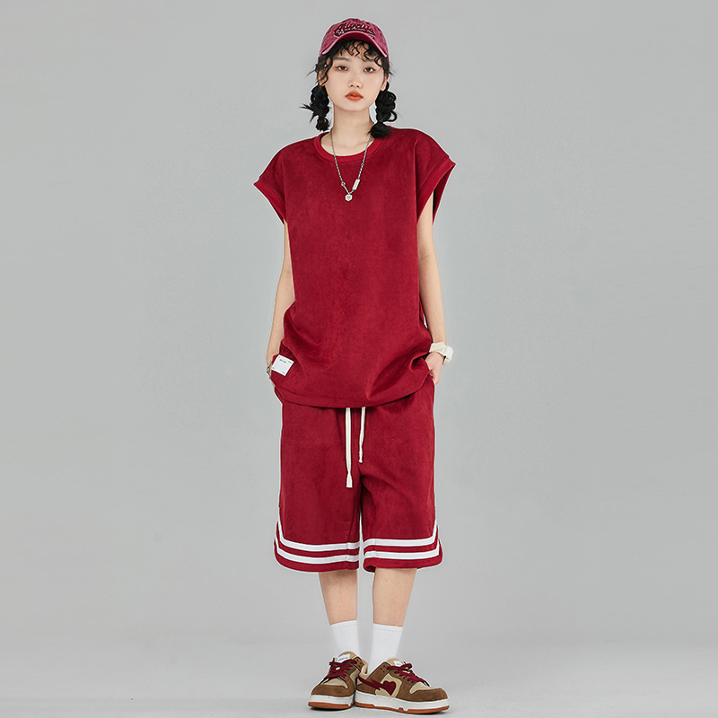 Suede Short-Sleeved T-Shirt and Shorts Two-Piece Casual Wear for Sports Couples