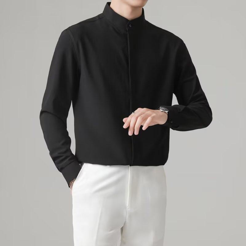 Men's High-End Stand up Collar Black and White Basic Color Shirt