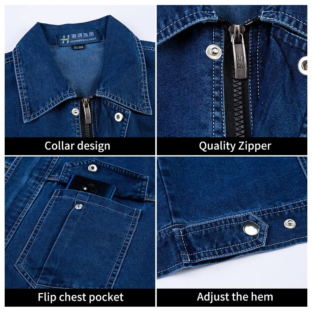 Summer Long Sleeve Soft Denim Work Uniforms Durable Workwear Jeans Custom Size Logo Work Clothes for Men