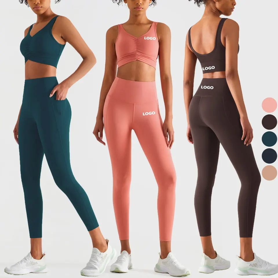 Wholesale Clothing Sports Wear Athletic Activewear Push up Ruched Scrunch Front Sports Bra High Waisted Power Pockets Leggings Gym Women Yoga Set