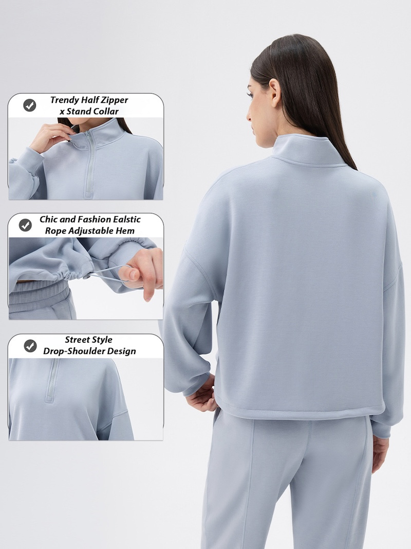 Factory New Design Luxury Soft Modal and Zipup Sweatsuits for Women, Private Label Half Zipper Pullover with Wide Leg Sweatpants Matching Casual Athletic Wear