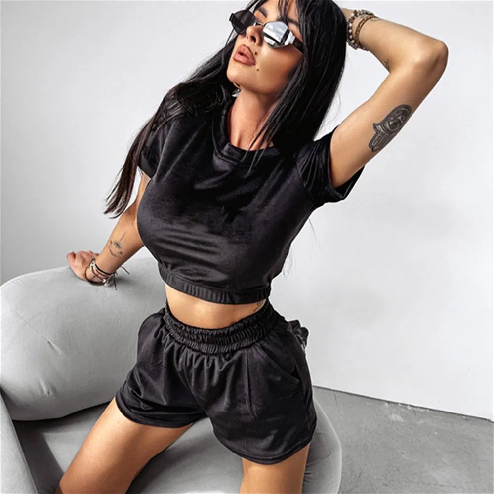 Casual Short Sleeved T-Shirt Shorts Set Solid Color Waistband Leisure Sports Wear