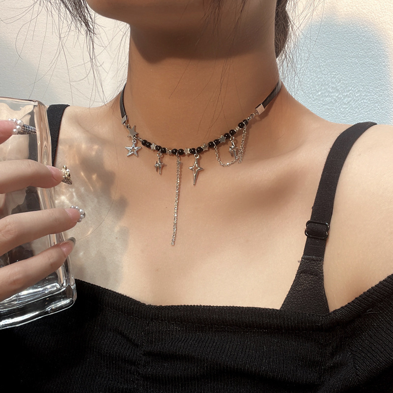 New Dark Style Four Star Leather Bead Splicing Necklace Trendy Spicy Girl Sweet Cool Style Accessory